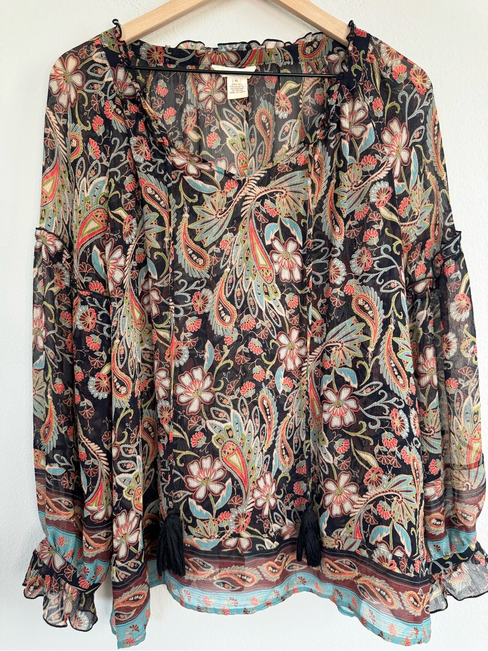 Sundance 100% Silk Boho Sheer Paisley Floral Tassel Tie Peasant Blouse XL - Picture 2 of 12